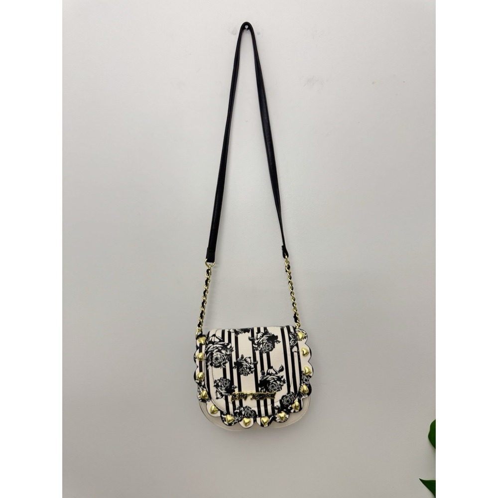 BETSEY JOHNSON Studded Crossbody Bag Love Black White Roses